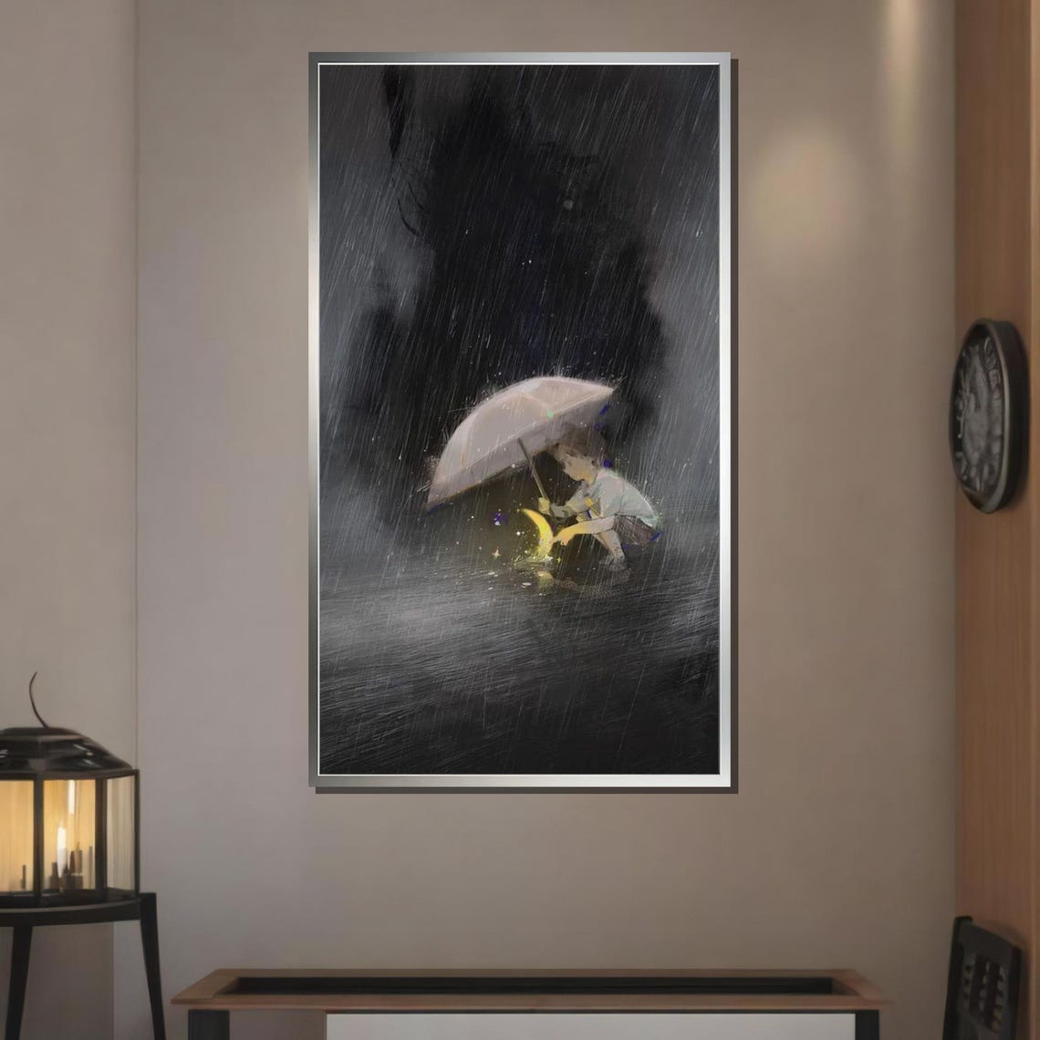 Magical Rainy Night Boy With Umbrella Glowing Moonlight Fantasy Poster - Image 3