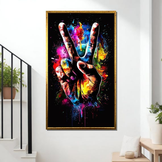 Vibrant Peace Sign Art Colorful Hand Gesture Bold Graffiti Style Wall Decor Modern Street Art Print Ready To Hang Artwork