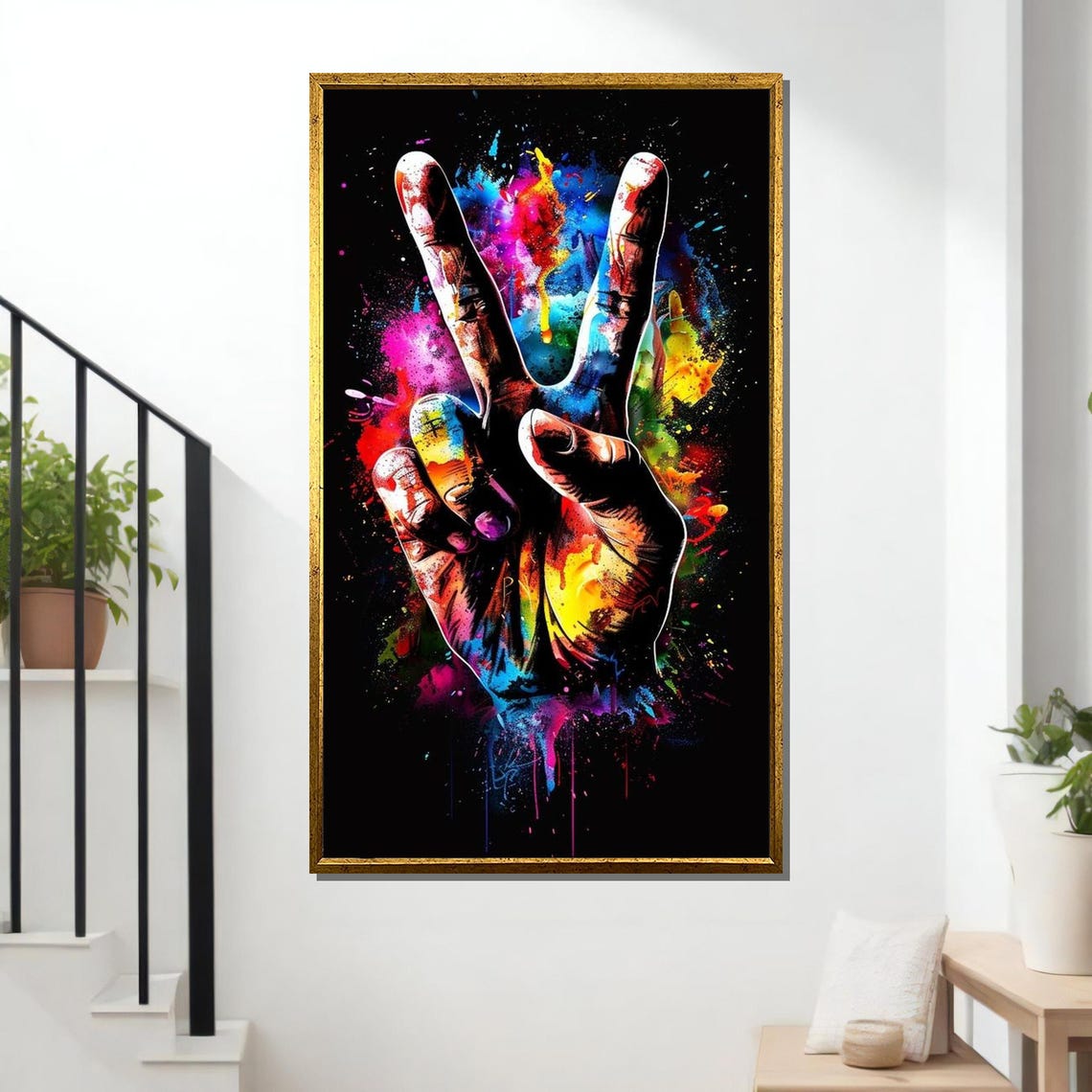 Vibrant Peace Sign Art Colorful Hand Gesture Bold Graffiti Style Wall Decor Modern Street Art Print Ready To Hang Artwork