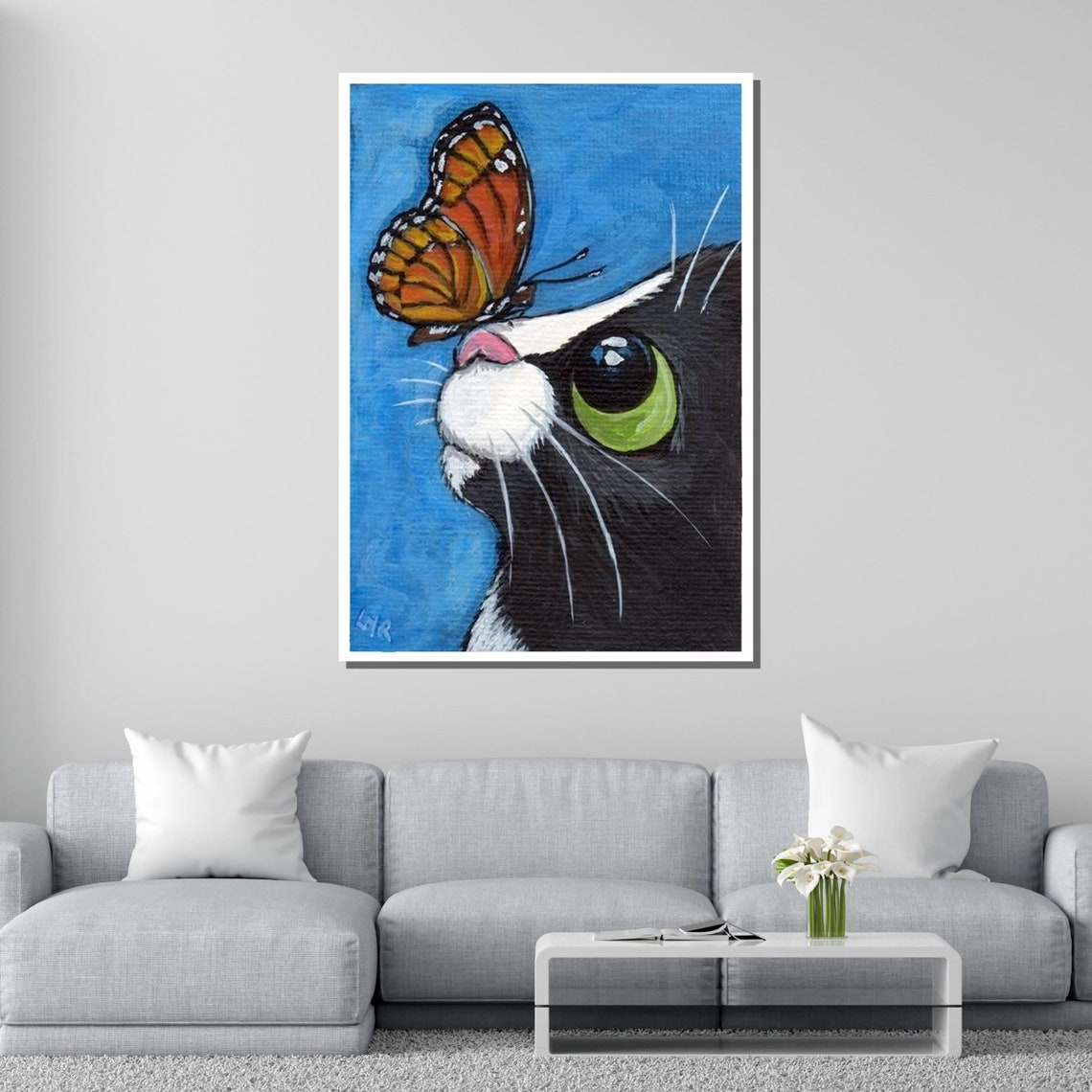 Curious Black Cat With Butterfly Whimsical Animal Portrait Poster - Image 2