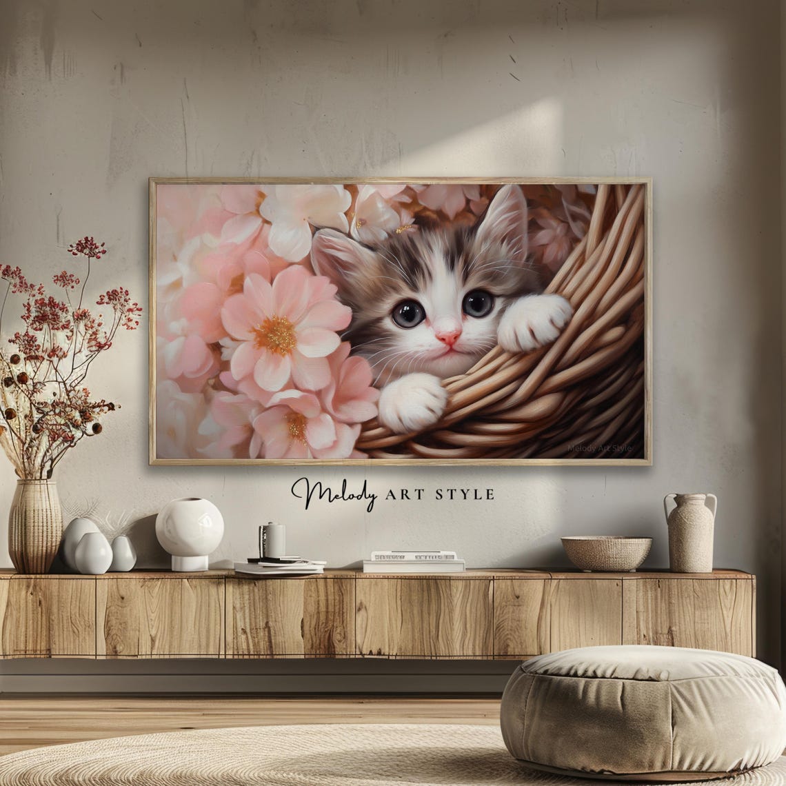 Tiny Kitten In Wicker Basket Pink Blossoms Spring Nursery Wall Art - Image 2