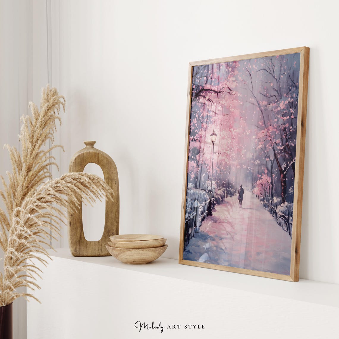 Cherry Blossom Lane Snowy Path Romantic Pink Trees Winter Art Poster - Image 2