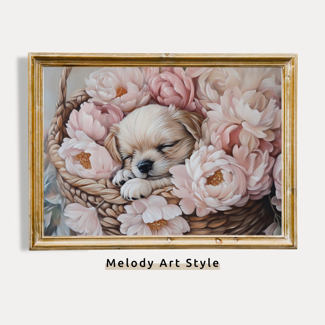 Spring Puppy Sleeping In Pink Peony Basket Pet Portrait Poster