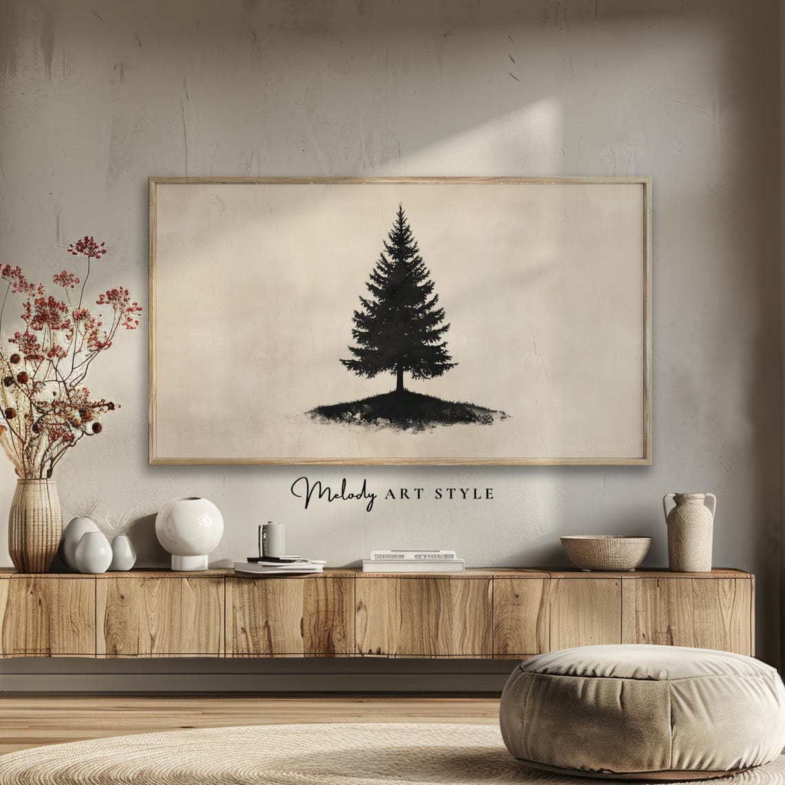 Minimalist Lone Black Pine Tree Beige Modern Frame TV Art Poster - Image 2
