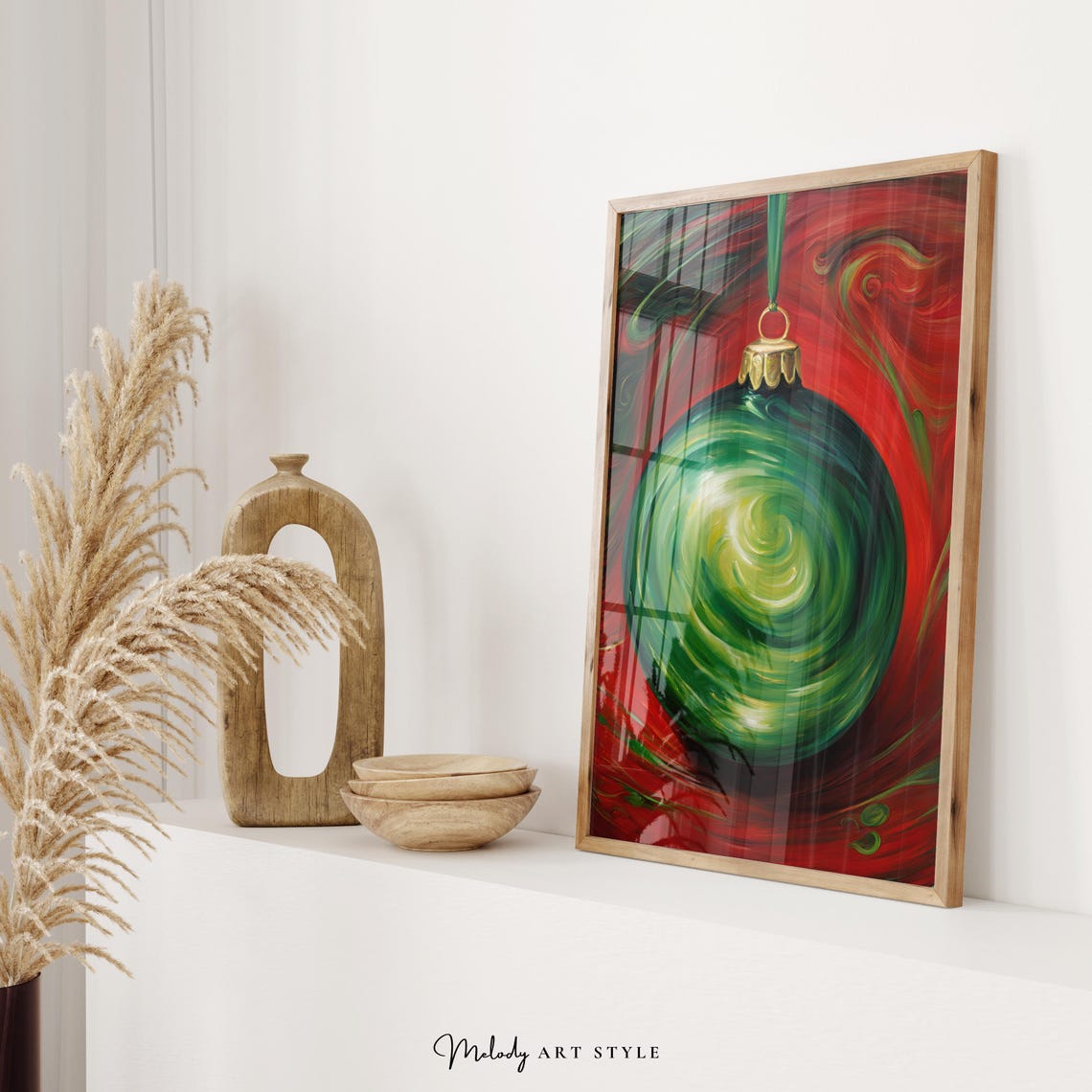Green Christmas Bauble Swirl Red Festive Abstract Ornament Poster - Image 2