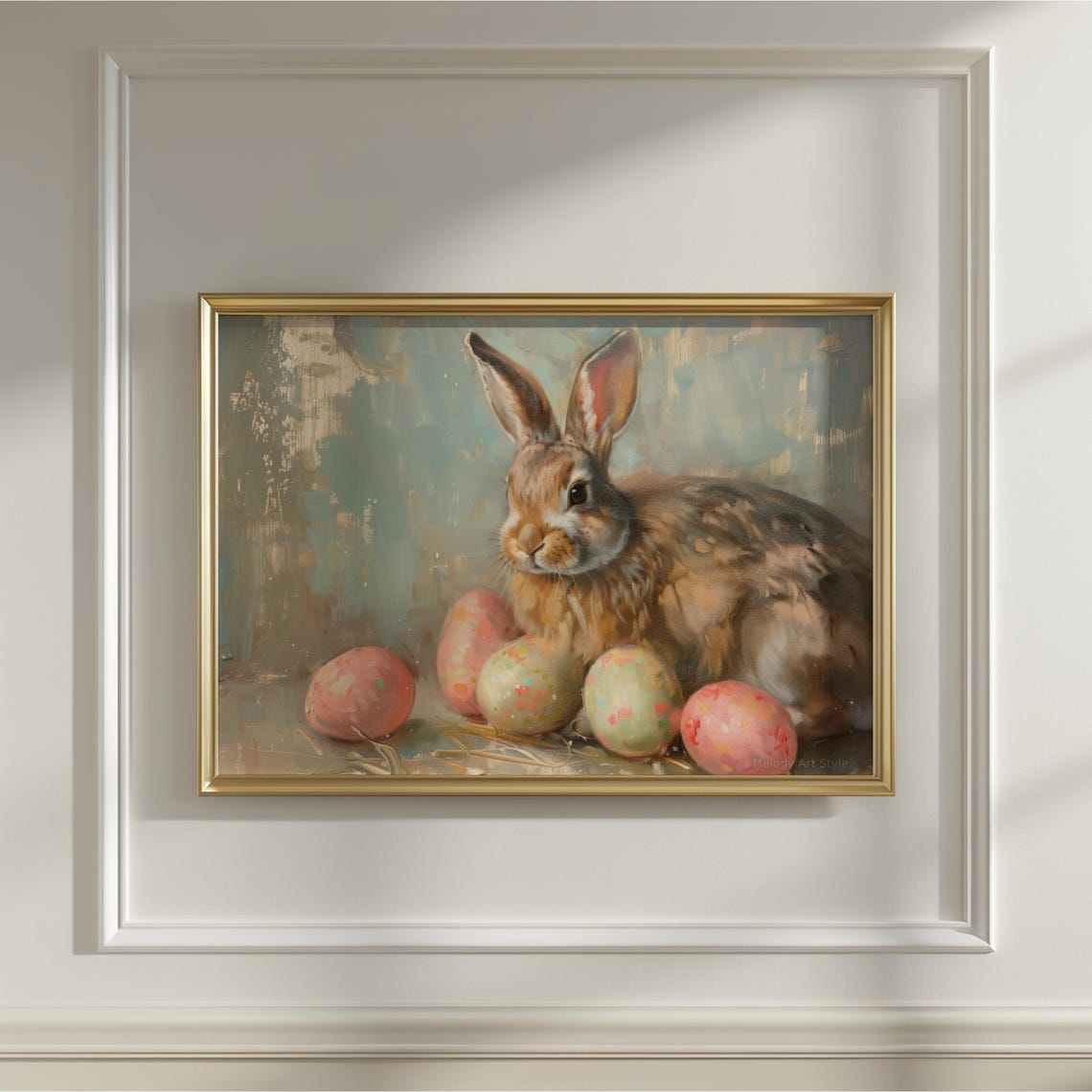 Rustic Bunny With Pastel Painted Easter Eggs Vintage Spring Wall Art - Image 2