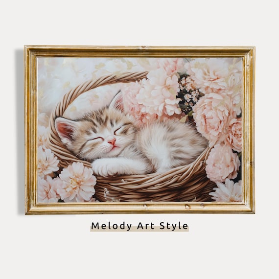 Sleeping Kitten In Flower Basket Pink Peonies Nursery Wall Poster