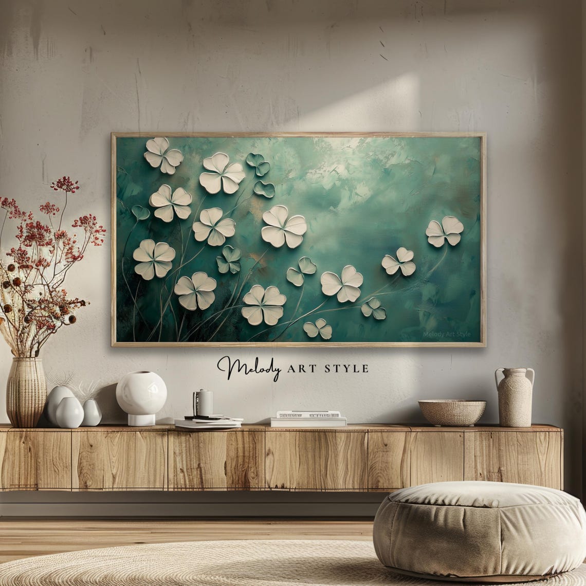 White Clover Blossoms Teal Textured Hand Painted Floral Poster - Image 2