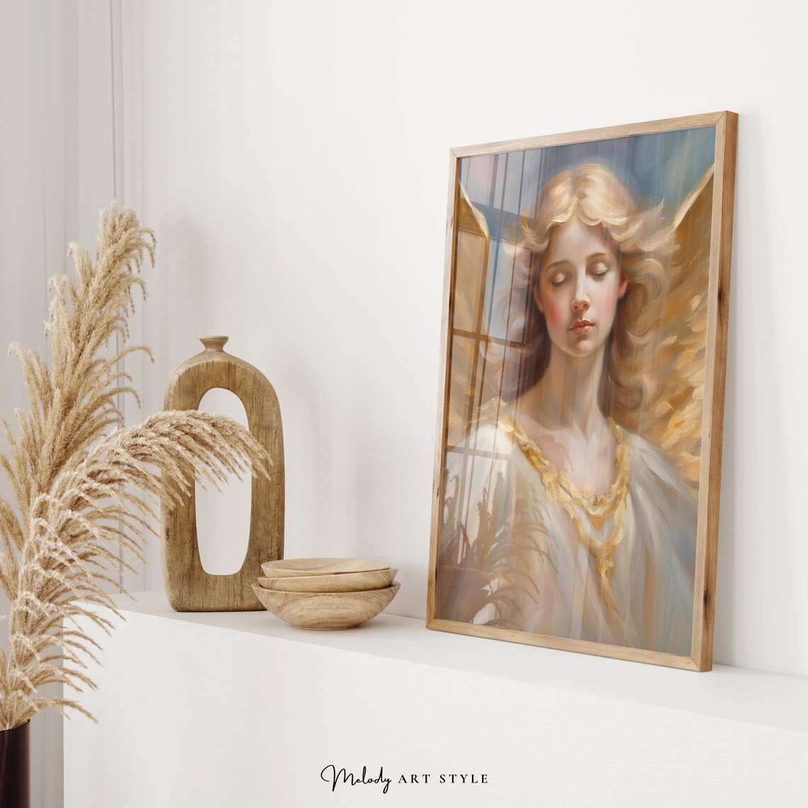 Peaceful Angel Golden Wings Blonde Christmas Oil Painting Poster - Image 2