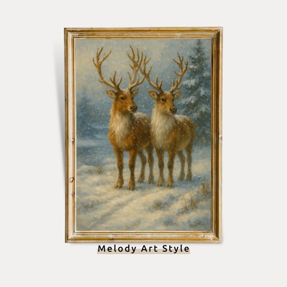 Two Reindeer Standing In Snowy Forest Winter Christmas Wildlife Poster