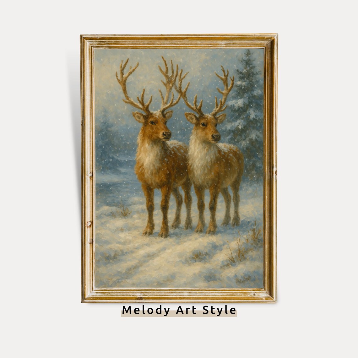 Two Reindeer Standing In Snowy Forest Winter Christmas Wildlife Poster