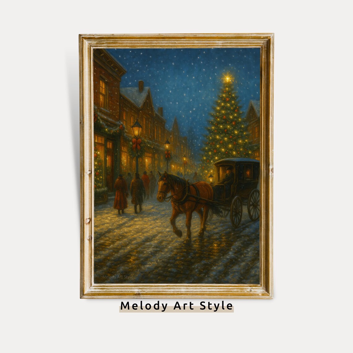Victorian Christmas Town Night Horse Carriage And Tree Snowy Poster