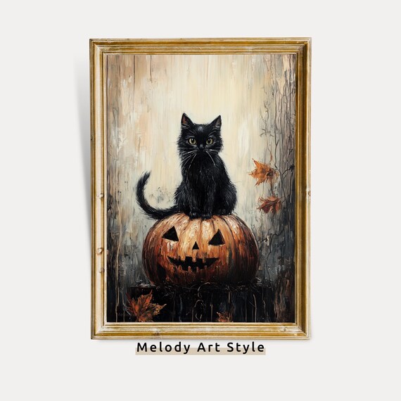 Halloween Black Cat On Pumpkin Wall Art Spooky Autumn Decor Cute Jackolantern Fall Painting Witchy Print P648