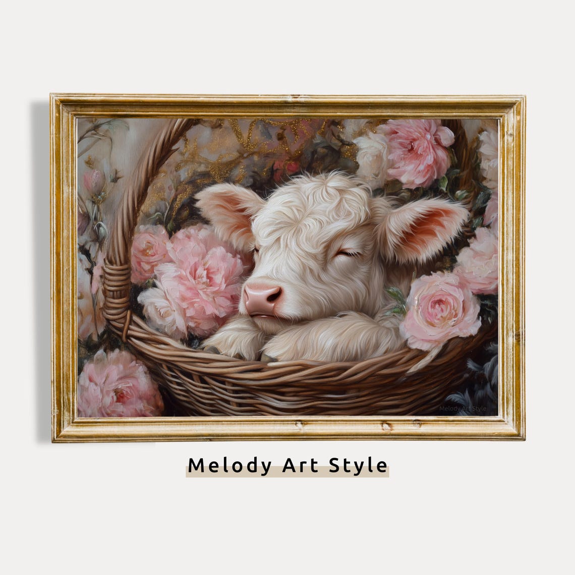 Sleeping Baby Calf In Basket With Pink Roses Cottagecore Wall Art