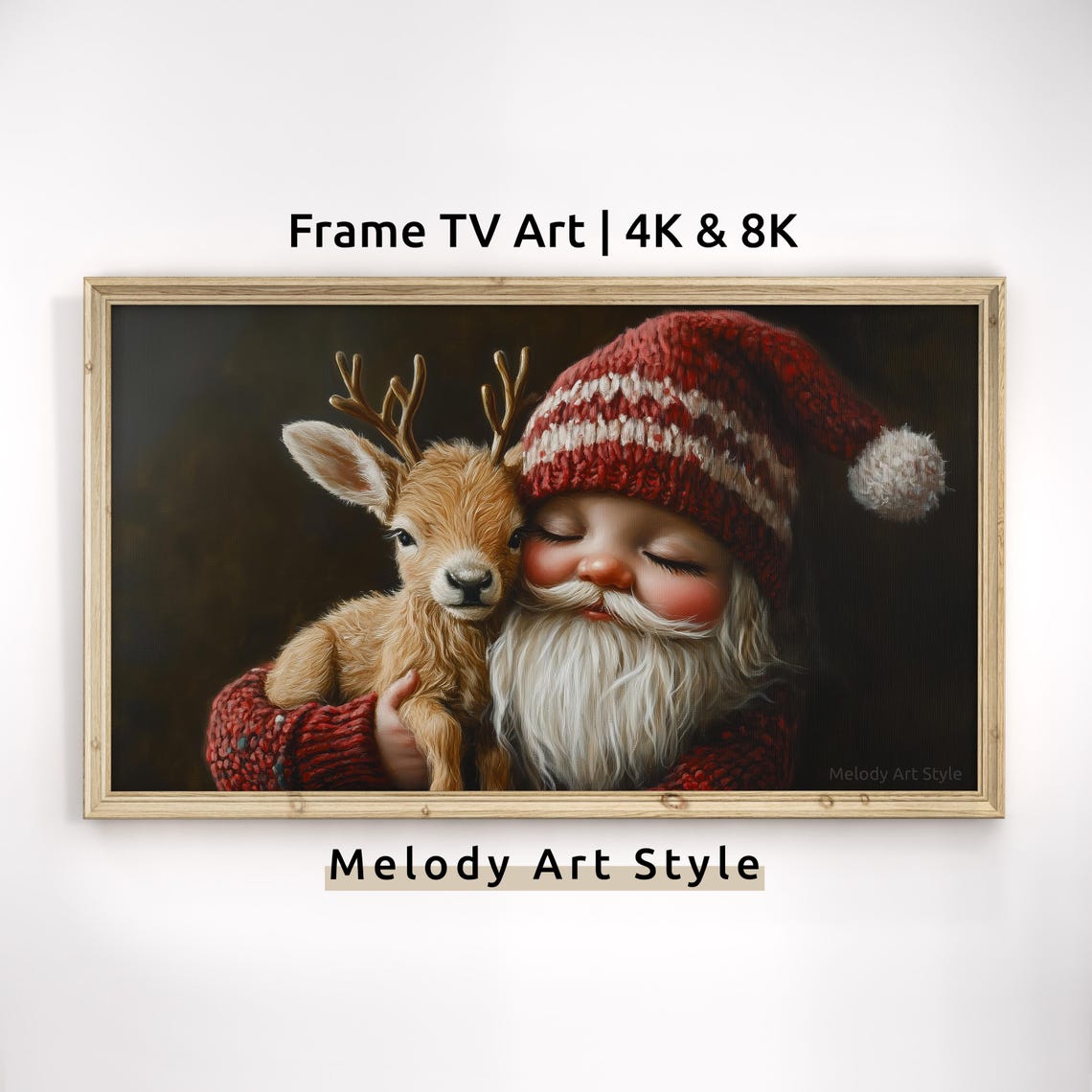 Santa Ganome With Baby Reindeer Frame Tv Art 4k 8k Cute Christmas Oil Painting Holiday Screensaver Artwork Wallpaper F129
