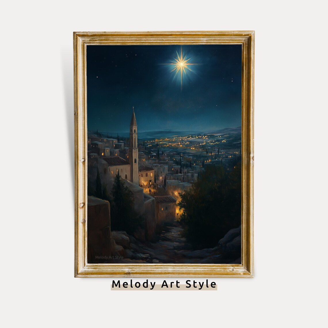 Bethlehem Star Over the Holy City Christmas Night Painting Poster