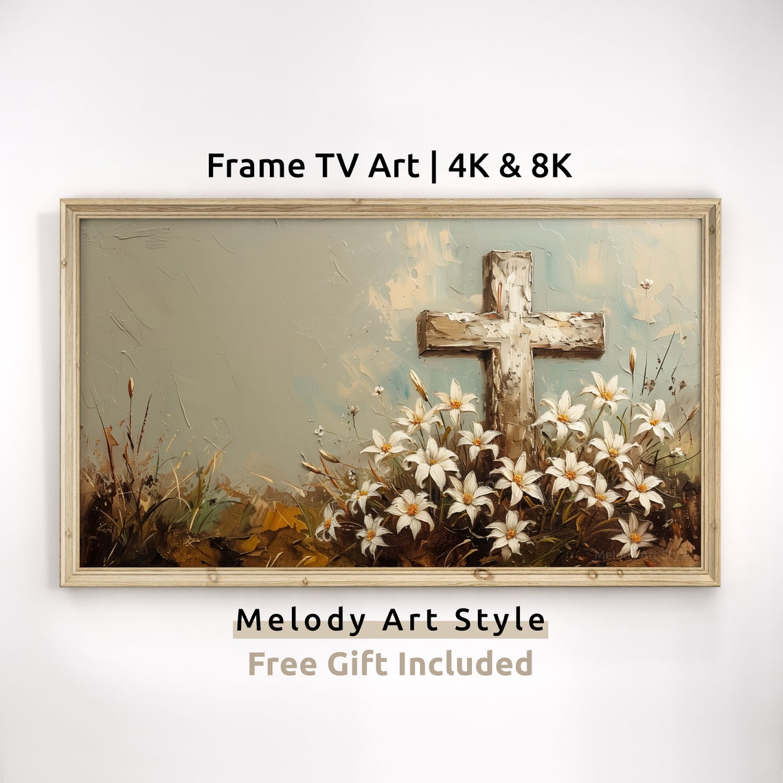 Rustic Wooden Cross White Lilies Christian Religious Wall Art Poster