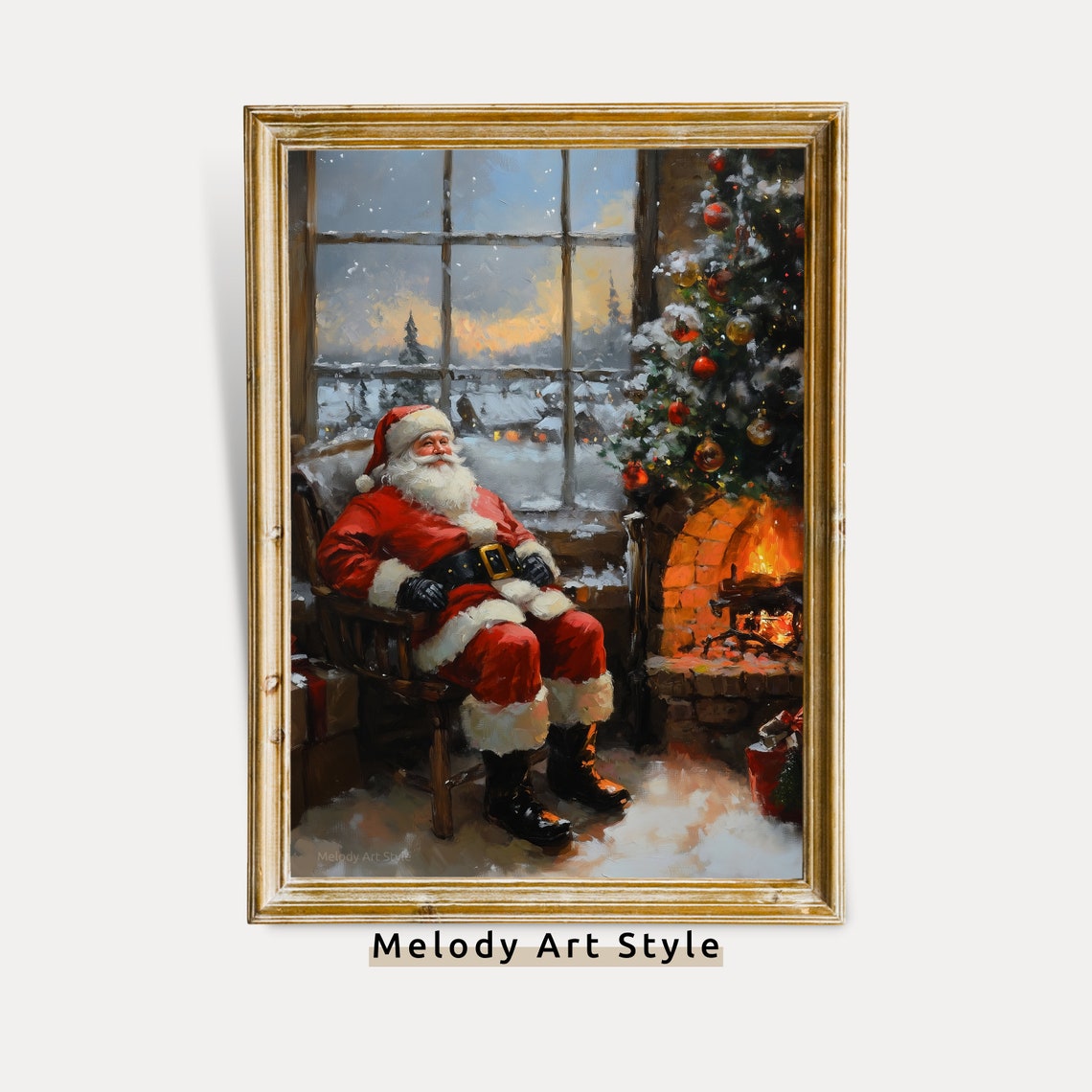 Santa Claus Sleeping By Fireplace Cozy Christmas Tree Holiday Poster