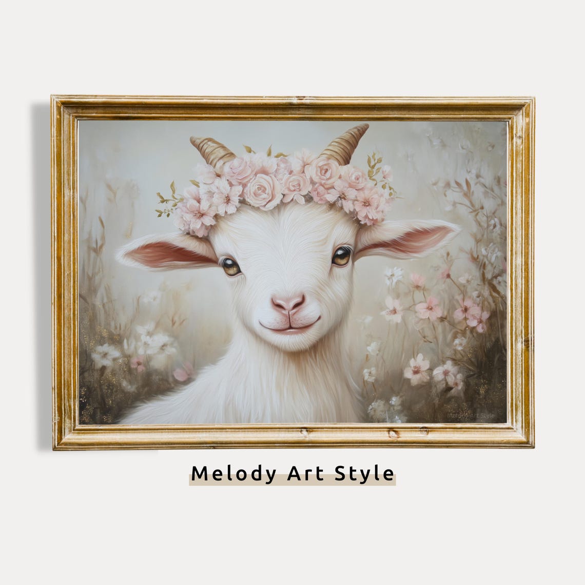 White Goat With Pink Rose Floral Crown Soft Cottagecore Wall Art