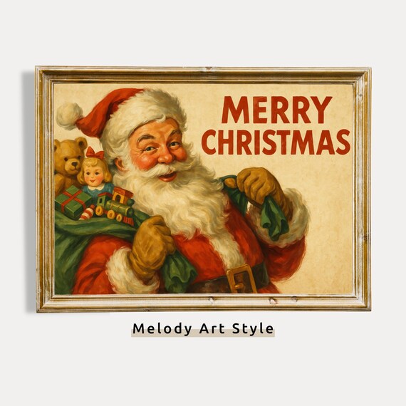 Vintage Merry Christmas Santa With Toy Sack Teddies And Train Retro Poster