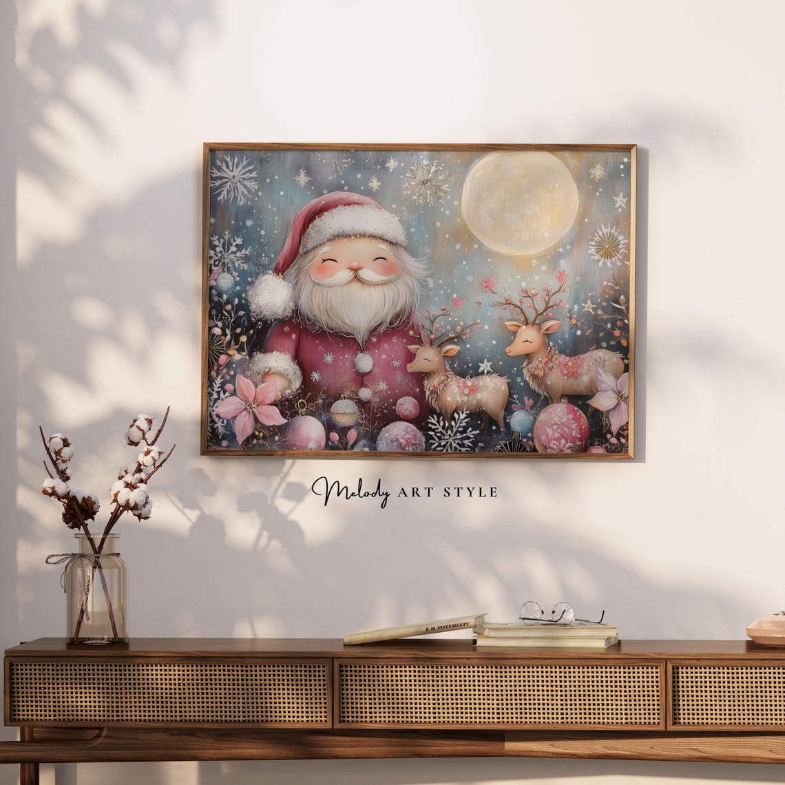 Cute Santa Claus With Reindeer Moonlight Snowfall Holiday Poster - Image 2
