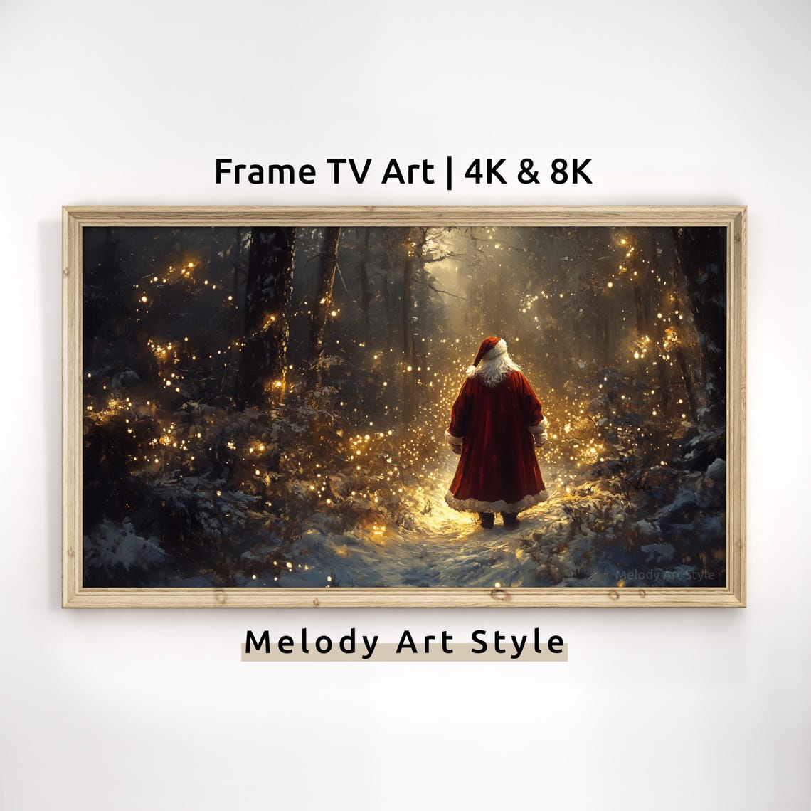 Santa Claus Walking in Snowy Forest 4K Frame TV Christmas Art Poster