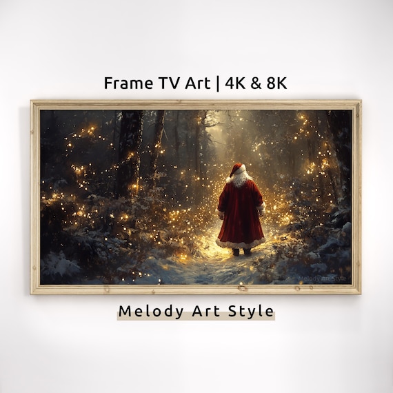 Santa Claus Walking in Snowy Forest 4K Frame TV Christmas Art Poster