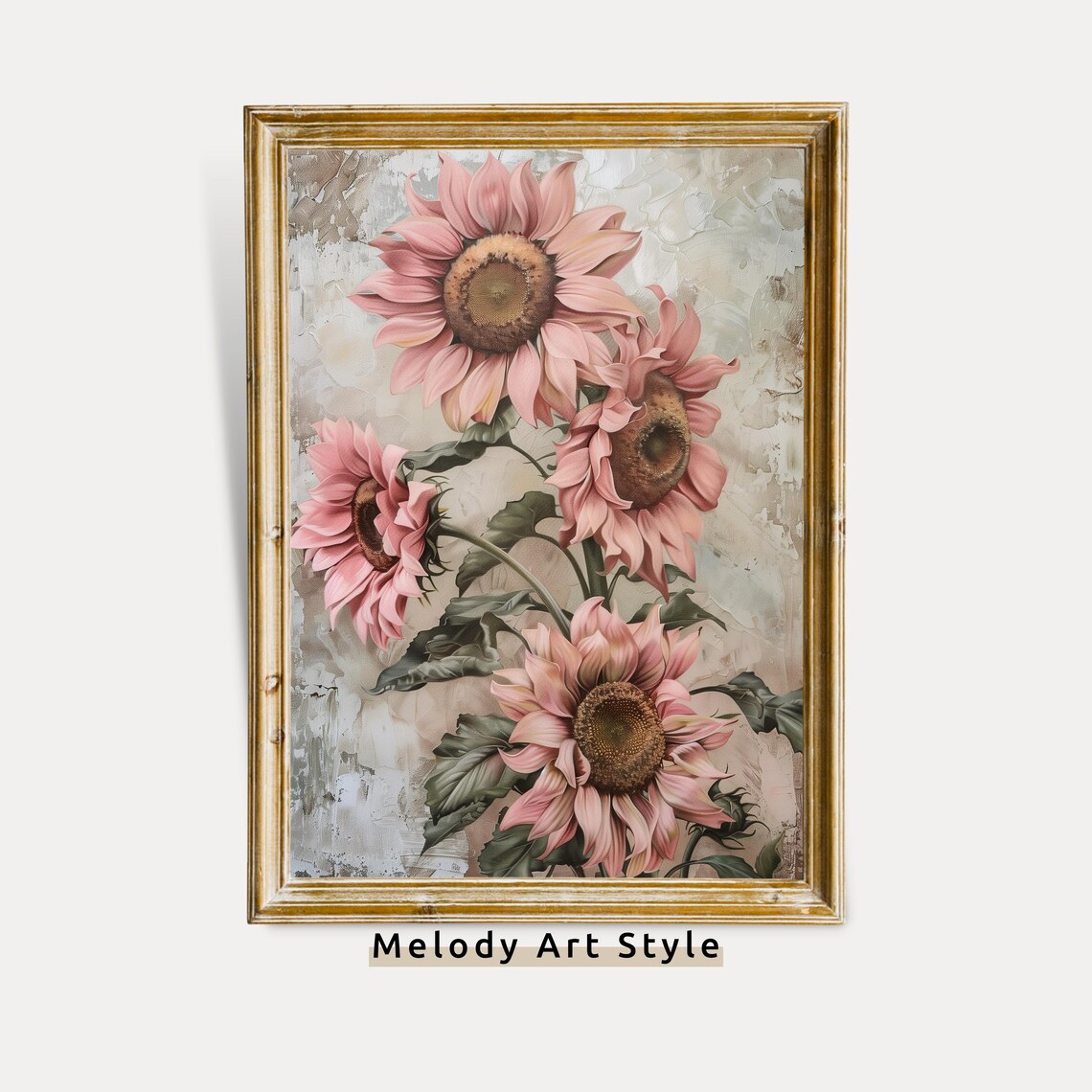 Pink Sunflower Vintage Floral Neutral Farmhouse Wall Art Poster