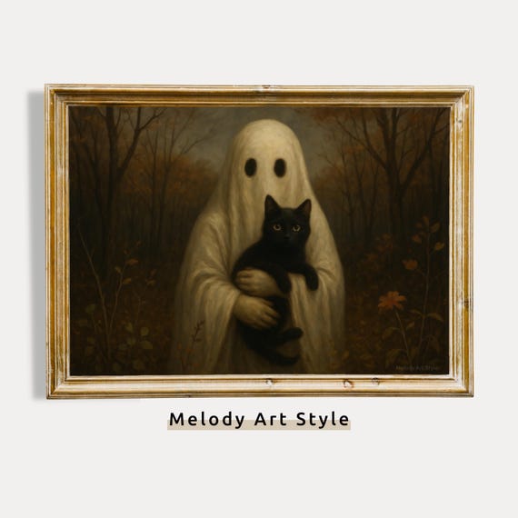 Holding Black Cat Halloween Art Print, Dark Academia