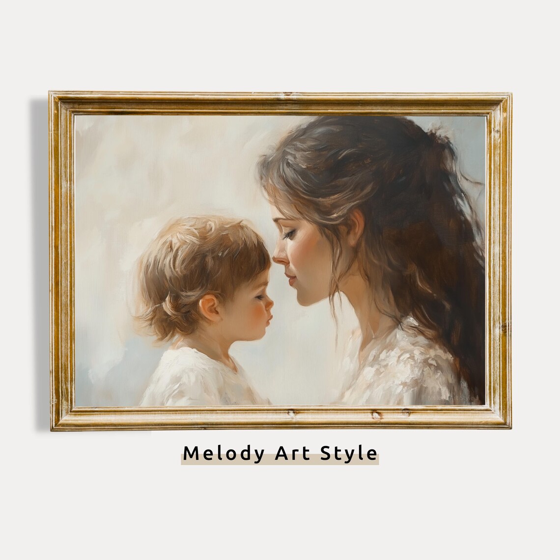 Mother And Toddler Face To Face Soft White Oil Painting Wall Art