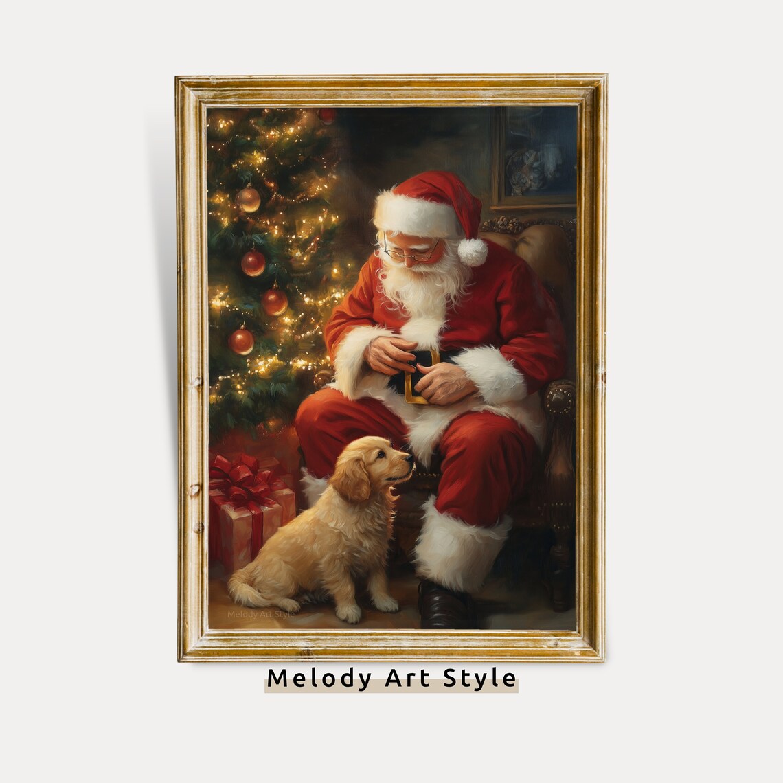 Santa Claus and Golden Retriever, Vintage Christmas Art Print