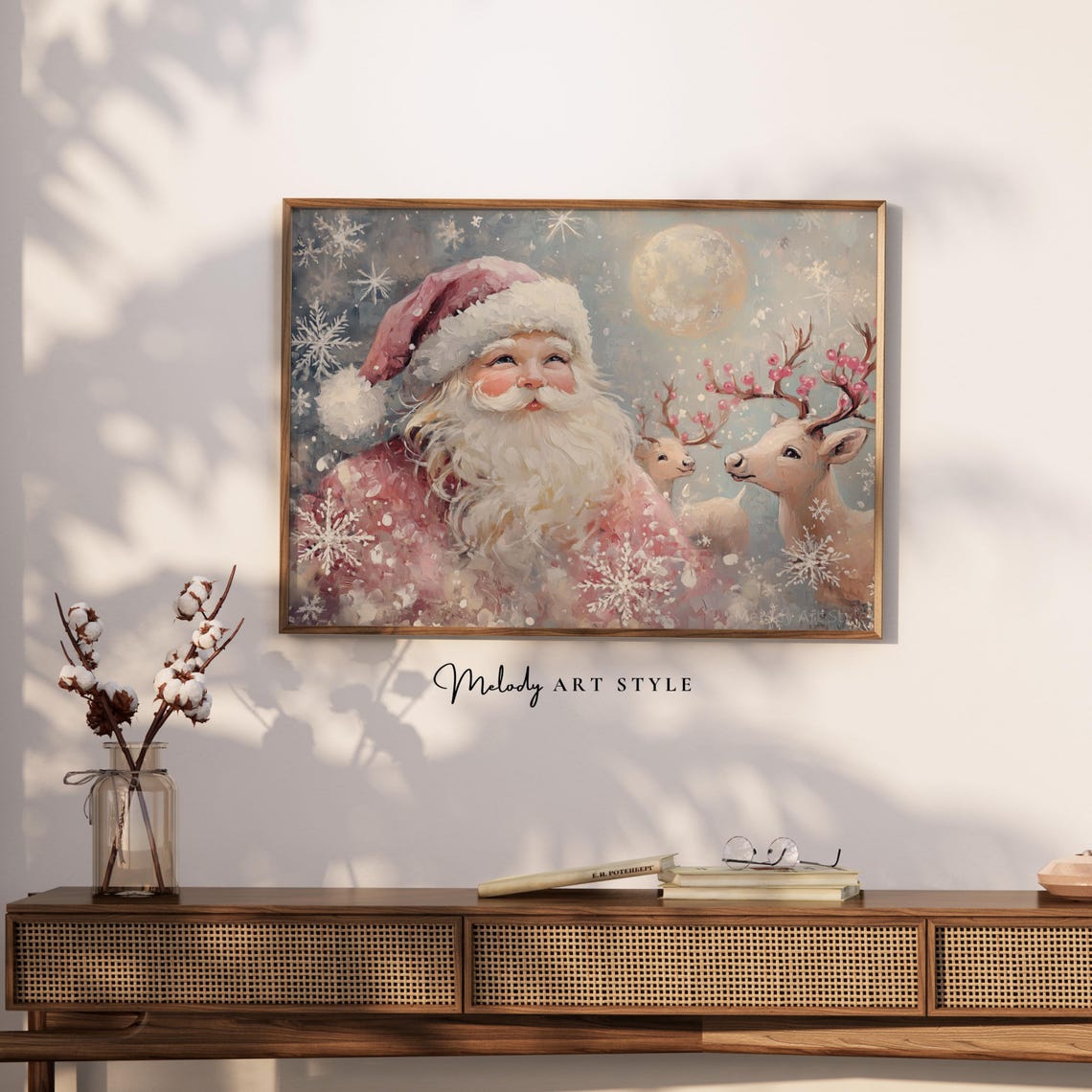 Pink Santa Claus With Reindeer Snowflake Holiday Christmas Art Poster - Image 2