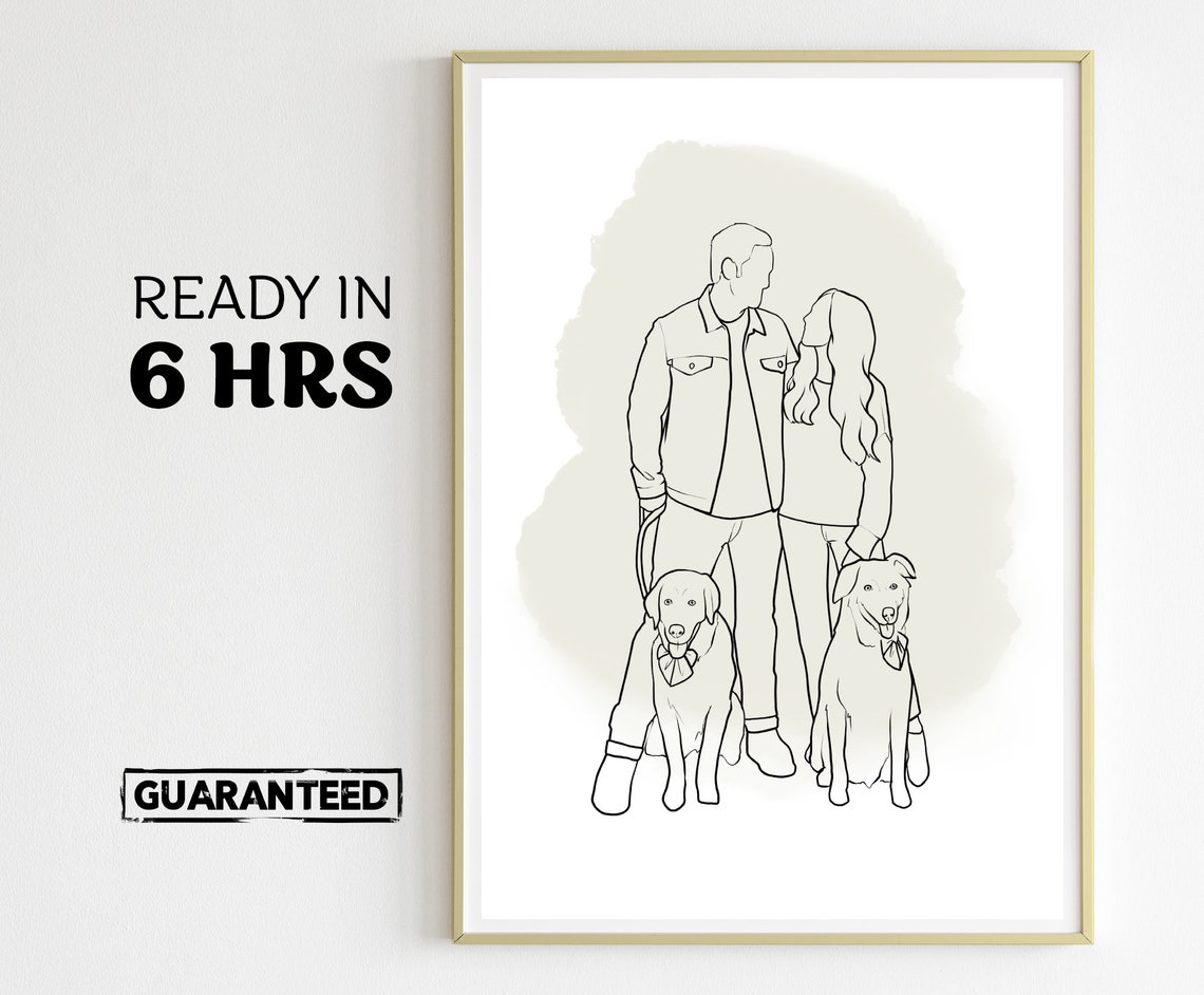 Custom Line Art Couple Portrait with Two Labrador Dogs Sitting Poster