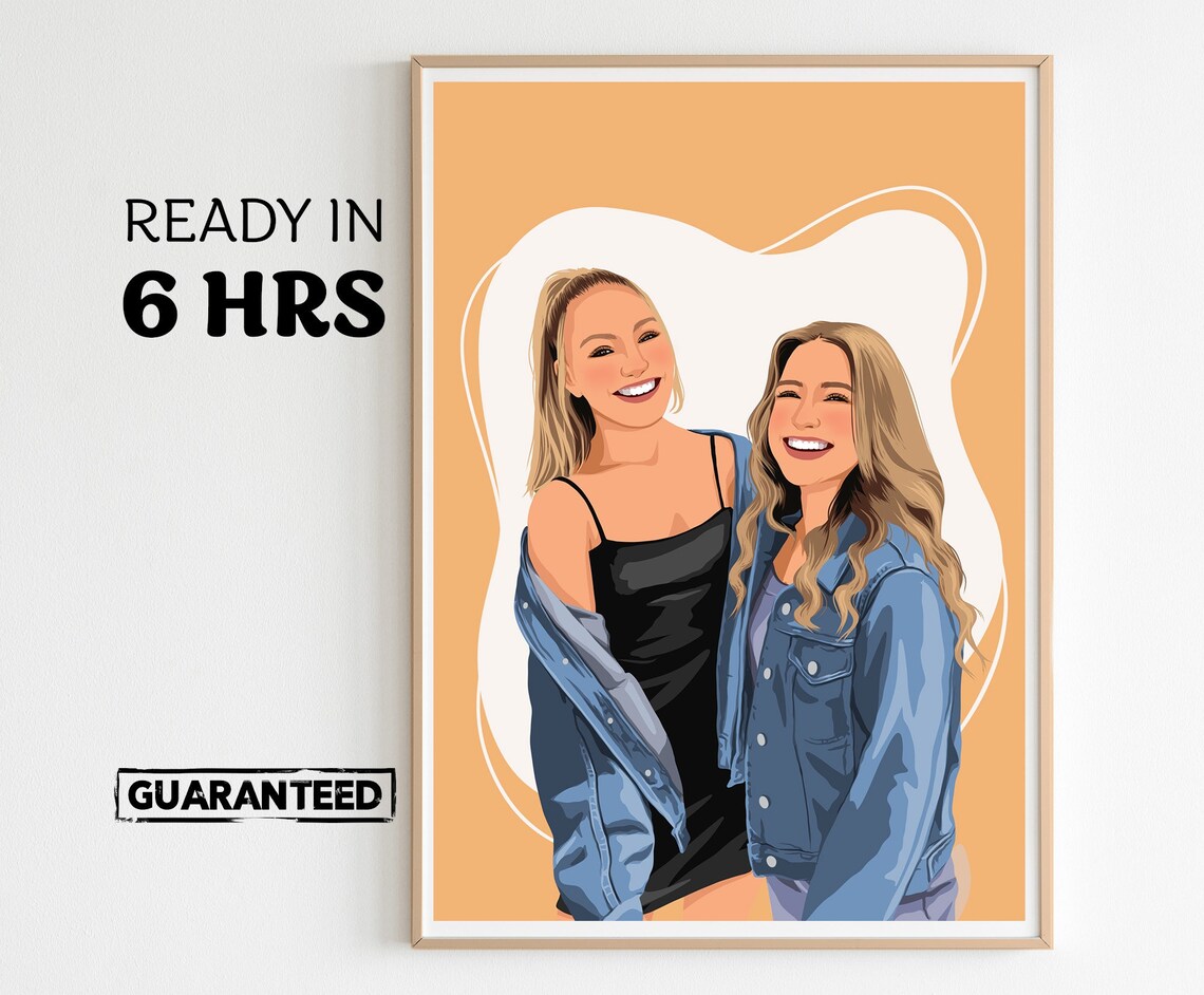 Custom Color Cartoon Portrait of Two Smiling Women Friends Poster