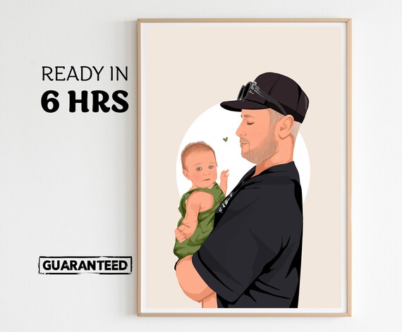 Custom Cartoon Portrait of a Dad Holding His Baby From Photo Poster