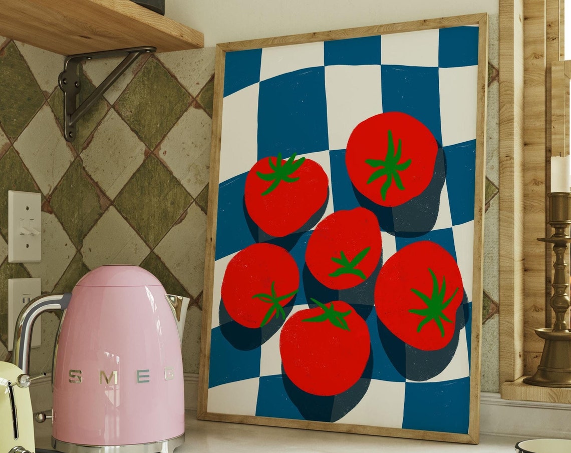 Retro Red Tomatoes on Blue Checkered Kitchen Food Art Poster