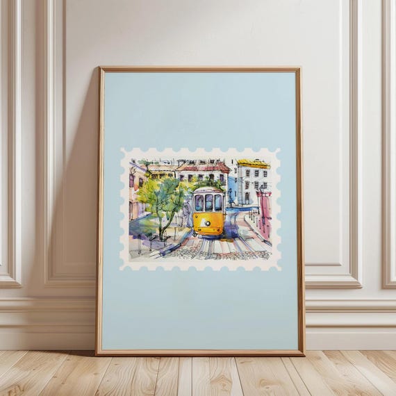 Light Blue Portugal Stamp Print Girly Travel Wall Art Coquette European Coastal Cute Dorm Room Decor
