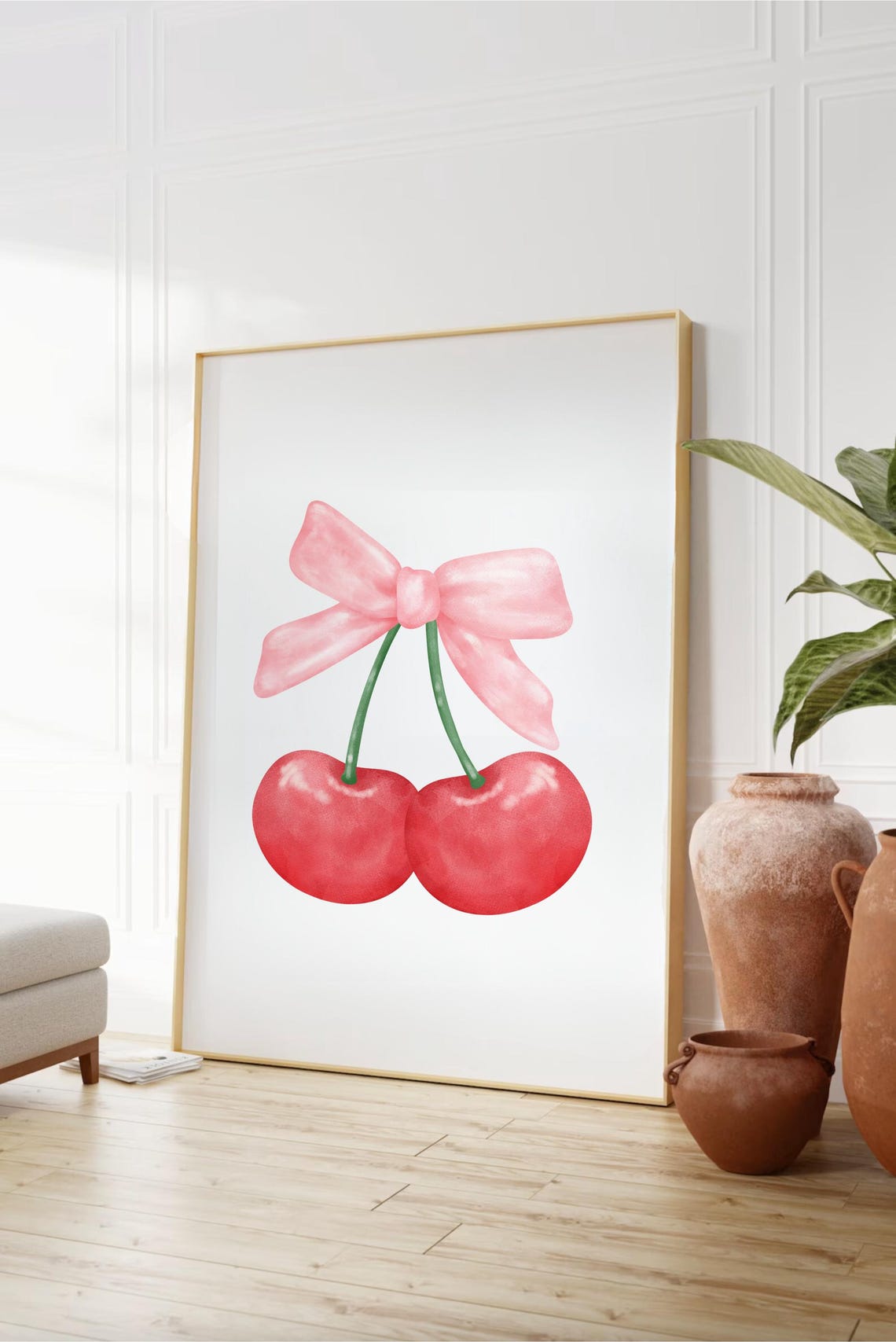 Sweet Cherries With Pink Bow Watercolor Coquette Style Poster - Image 3