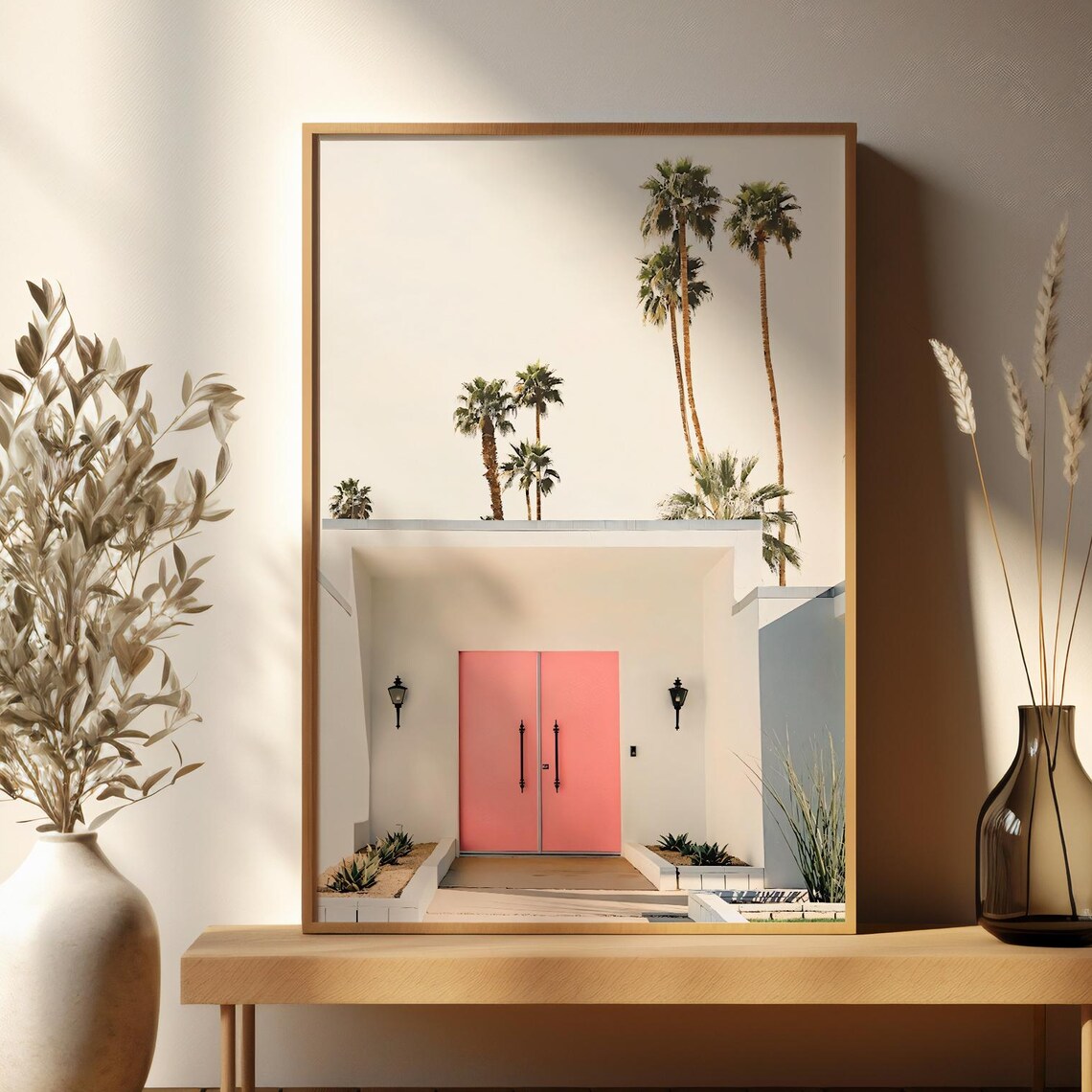 Pink Door Modern Pastel Architecture Palm Trees Photo Wall Art