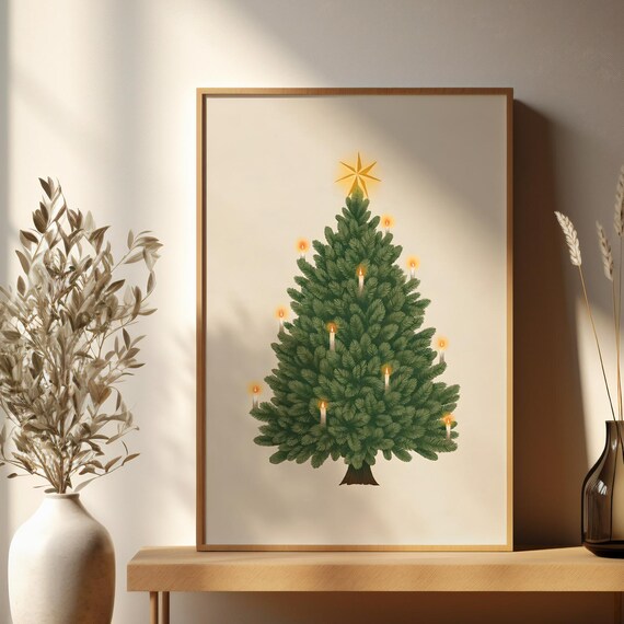 Vintage Christmas Tree With Lit Candles And Star Holiday Decor Poster