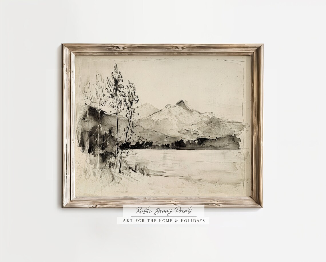 Mountain Lake Pine Trees Monochrome Ink Wash Landscape Sketch Print - Image 3