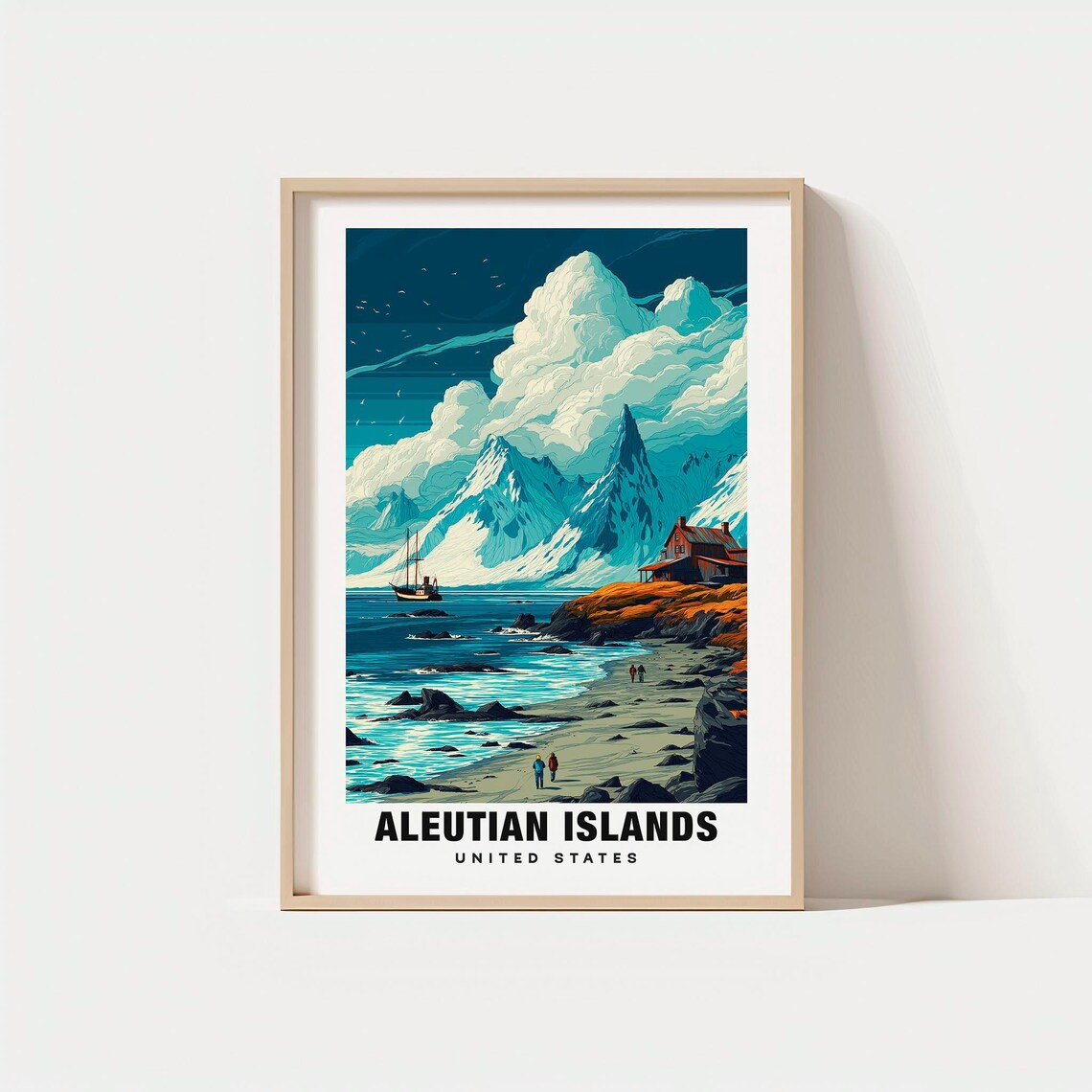 Aleutian Islands Alaska Volcanic Peaks Ship Rocky Beach Travel Poster