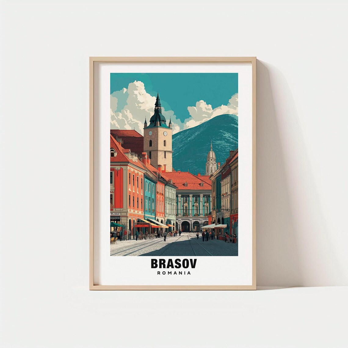 Brasov Romania Council Square Old Town Mountain View Travel Poster