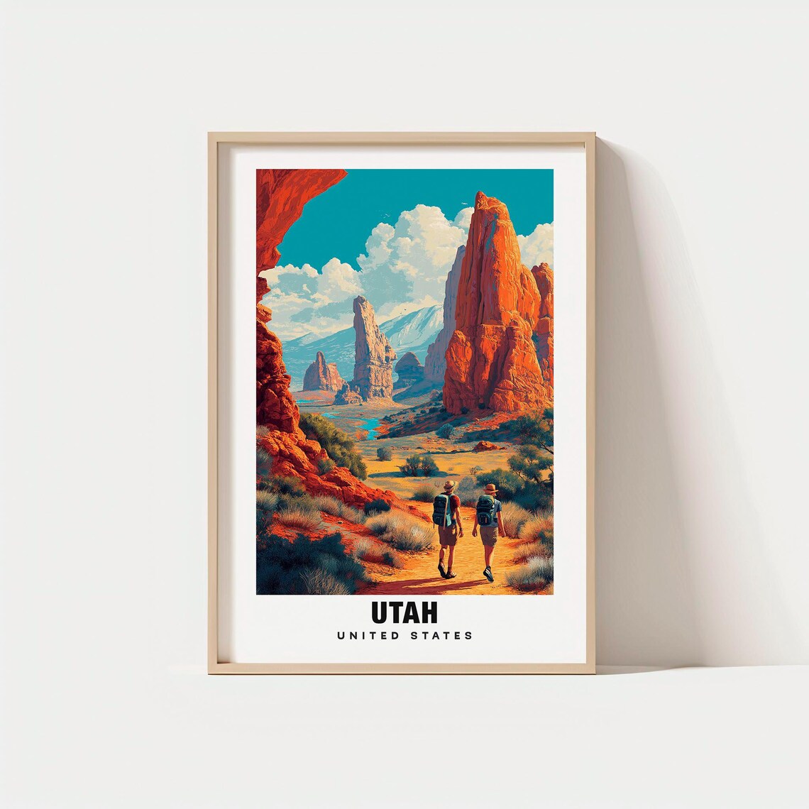 Utah United States Red Rock Canyon Hikers Desert Travel Poster