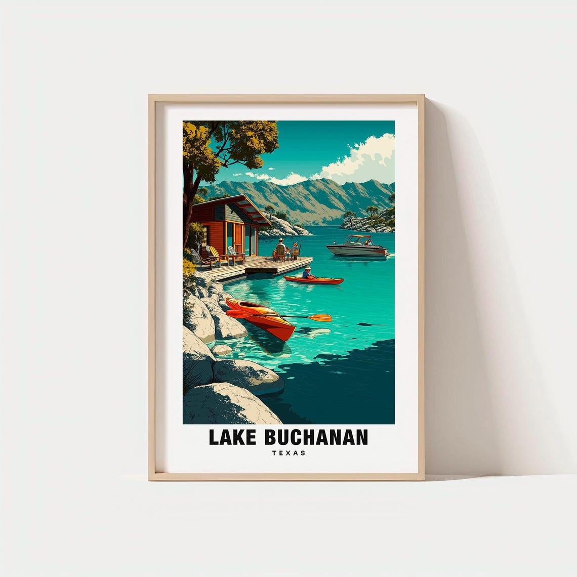 Lake Buchanan Texas Lakeside Cabin Kayaks Boat Dock Hills Poster