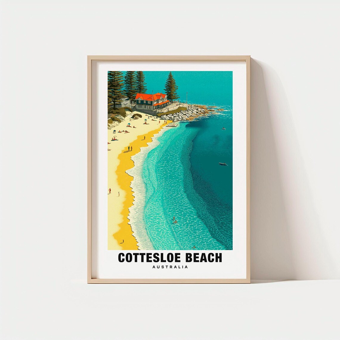 Cottesloe Beach Australia Turquoise Ocean Aerial Retro Travel Poster