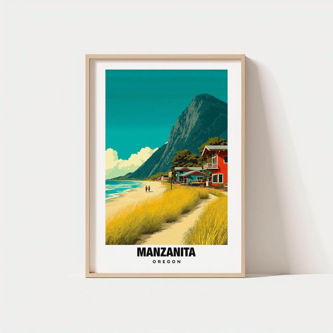 Manzanita Oregon Beach Town with Mountain Headland and Cottages Poster
