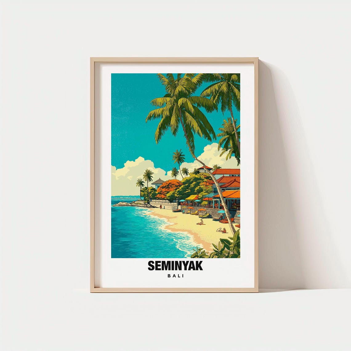 Seminyak Bali Sandy Beach Palms Ocean Cafes Vintage Travel Poster