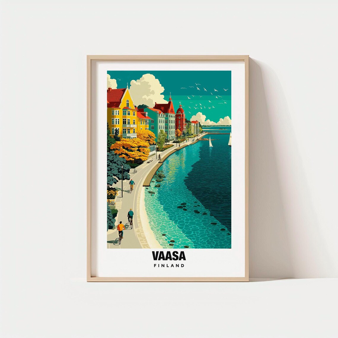 Vaasa Finland Waterfront Promenade Cyclists Sailboats Seaside Poster