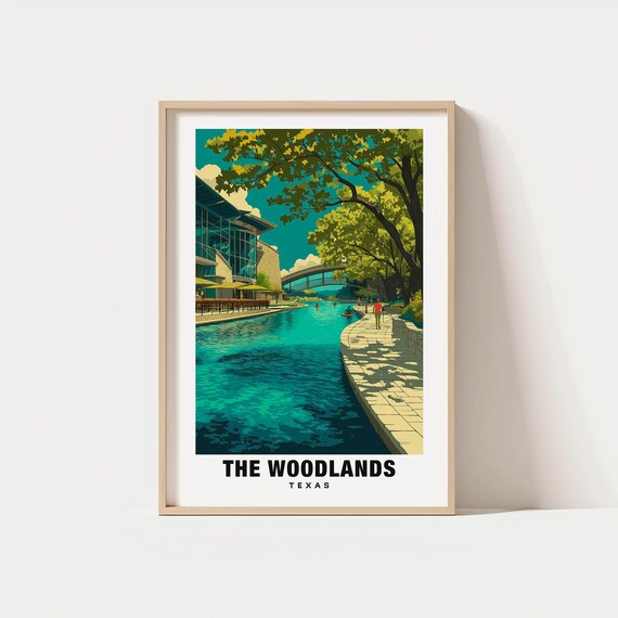 The Woodlands Texas Waterway Canal Vintage Waterfront Travel Poster